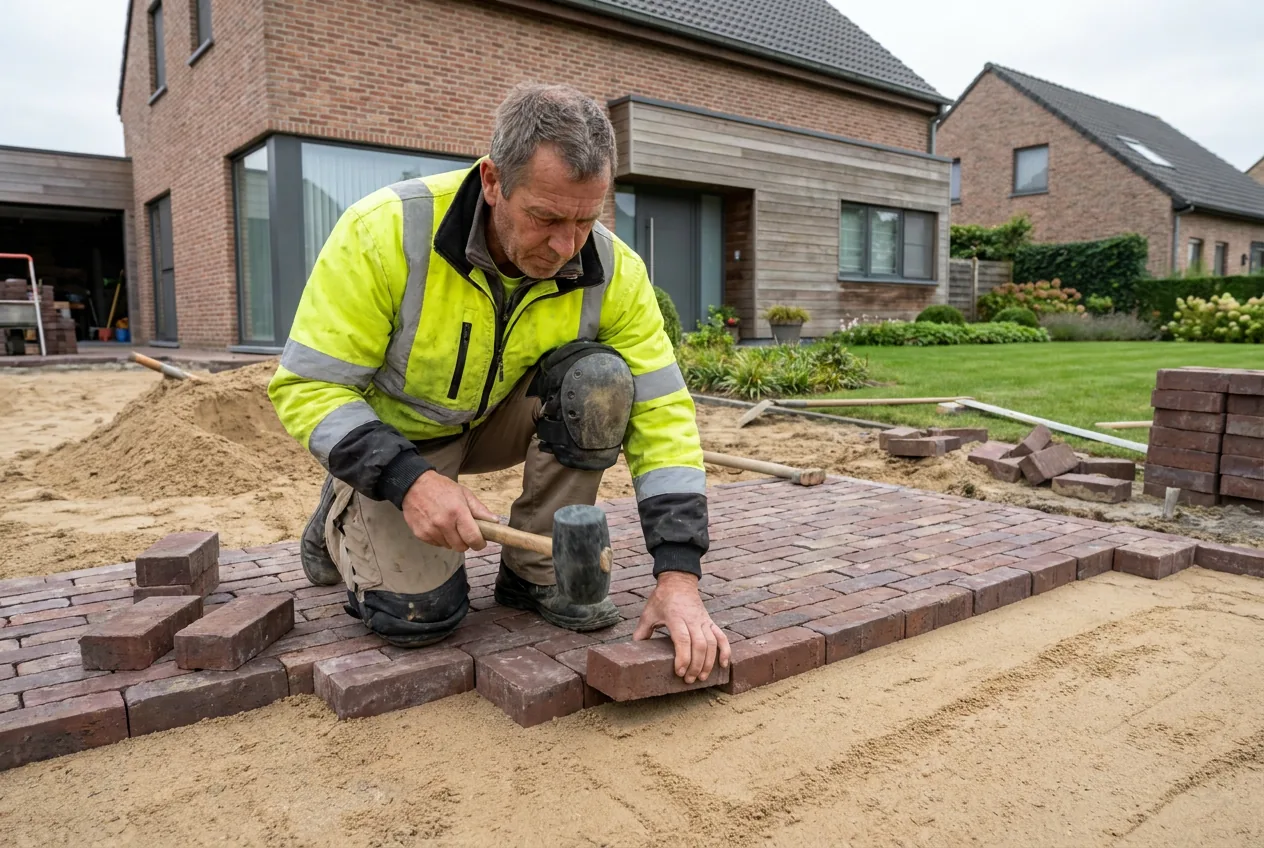 Ervaren klinkerlegger op een Vlaamse werf bij het plaatsen van een nieuwe oprit