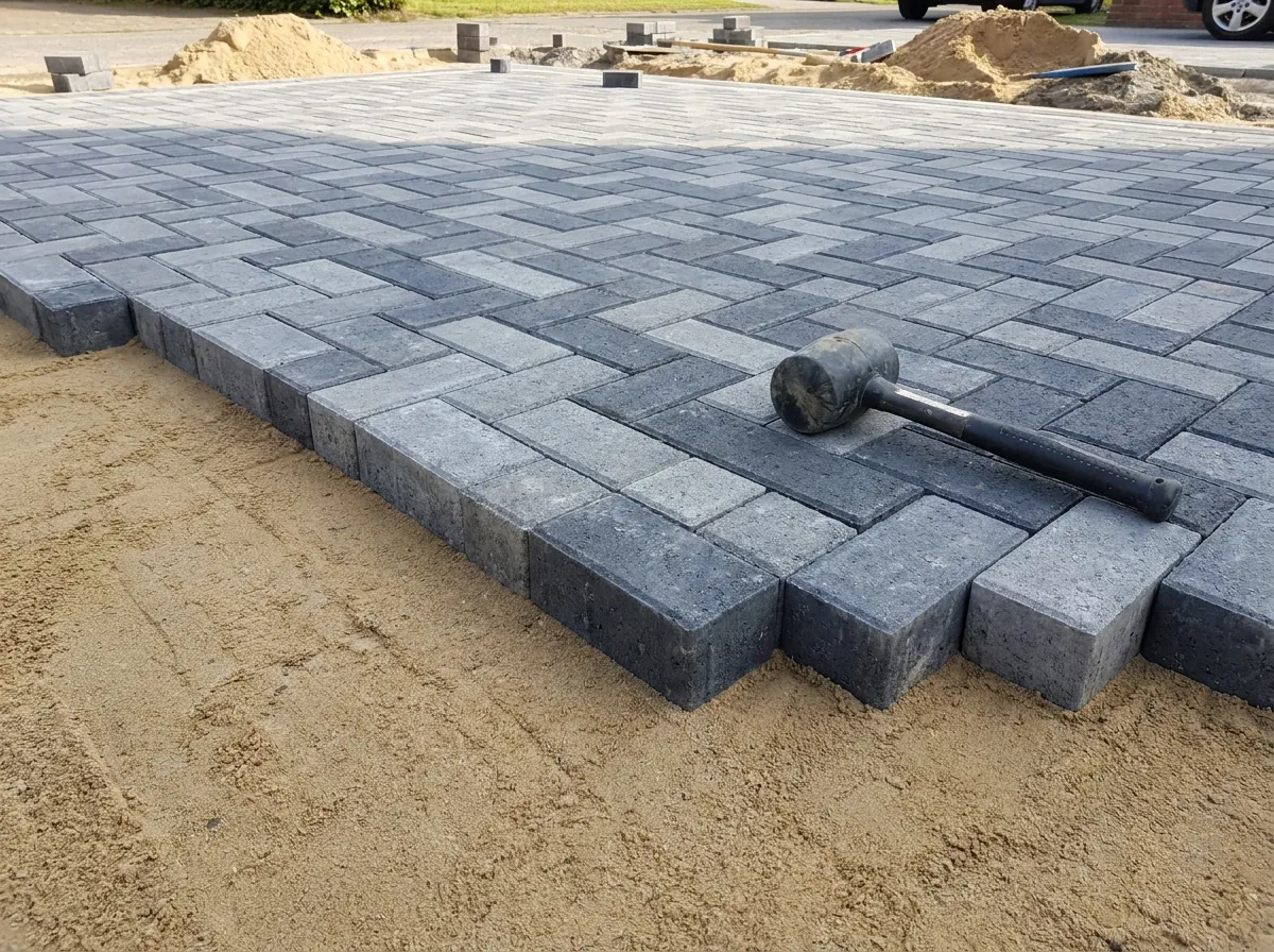 Klinkers oprit in moderne stijl met grijze betonklinkers